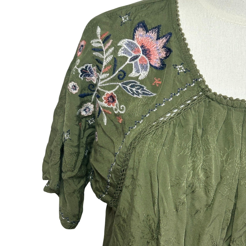 Knox Rose Blouse Small Green Rayon Embroidered Boho Peasant Indie Retro Cottage