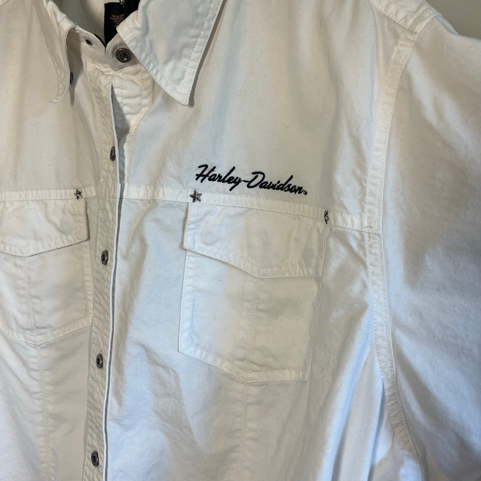 VTG 90s Harley Davidson 3XL White Button Down Shirt Short Sleeve Biker Grommet