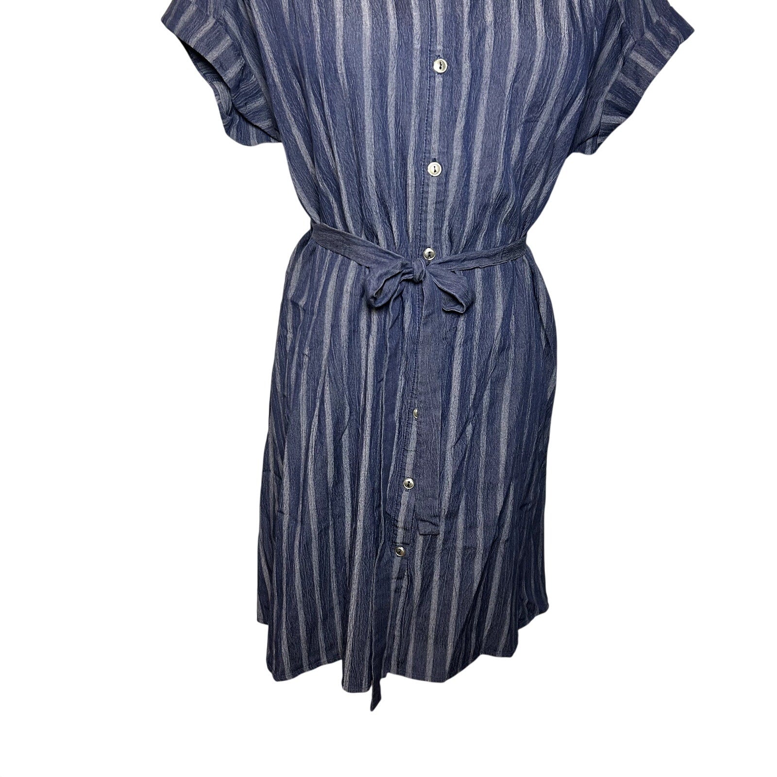 Naif Navy Blue Striped Cotton Blend Shirt Dress Tie Waist Women's Medium Casual
