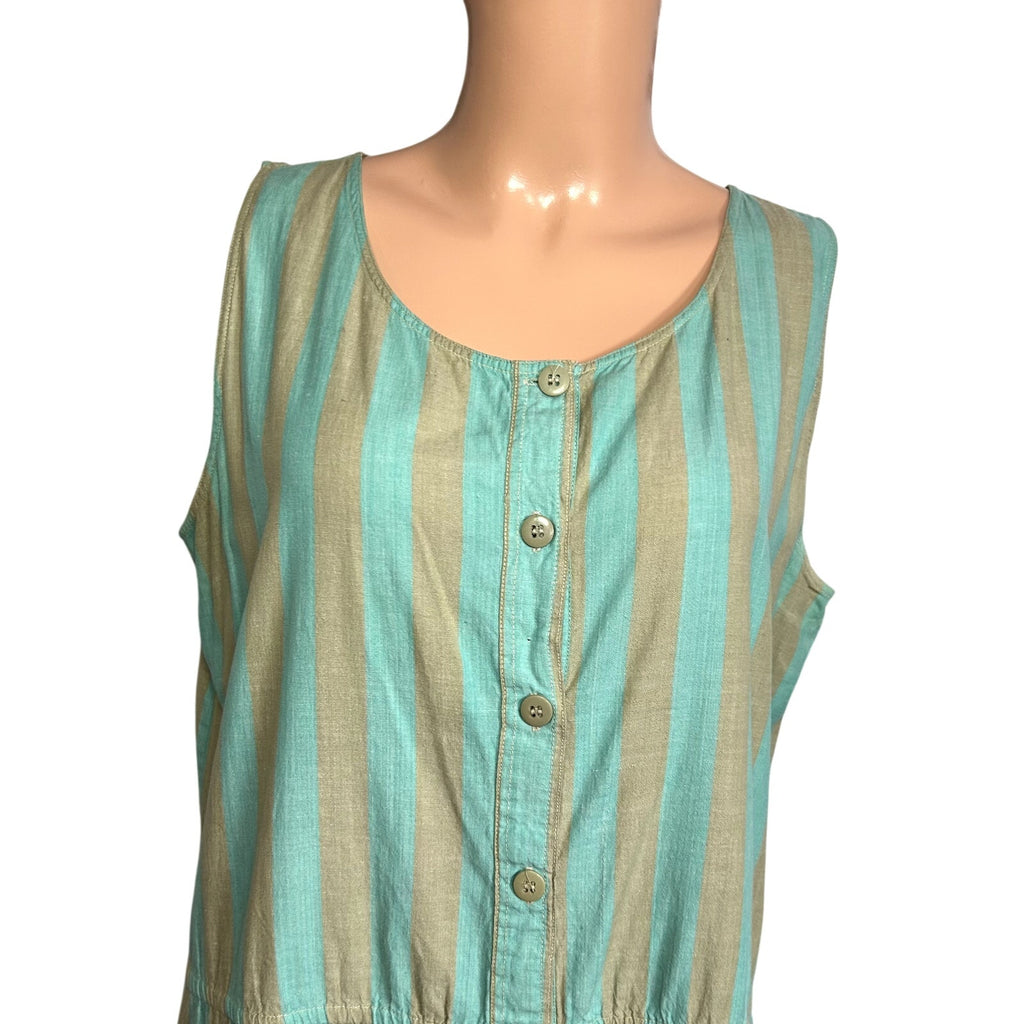 Phool Blue Tan Striped Buttons Pleated Cotton M Midi Dress Coastal Prairie Boho