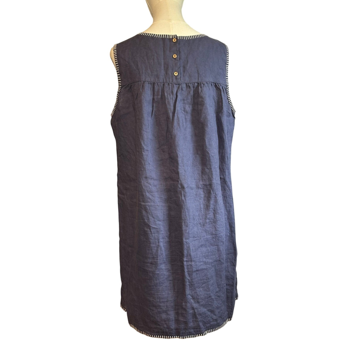 C&C California Blue White 100% Linen Dress Large Cottage Boho Minimalist Casual