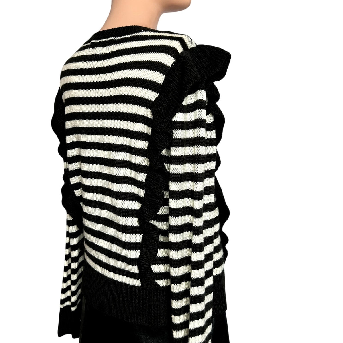 Jack by BB Dakota Black White Striped M Knit Sweater Preppy Ruffle Trim Coquette
