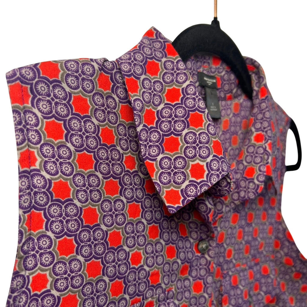 Ann Taylor Purple Red Geometric S Sleeveless Button Down Top Casual Preppy Retro
