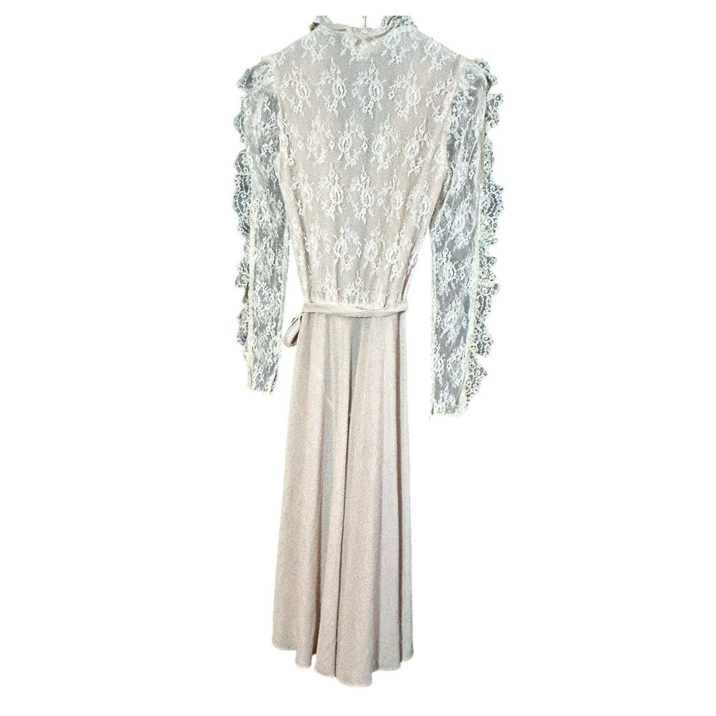 VTG 70s Phase II California Lace Ruffle Maxi Dress Cream Size 6 Victorian Pearl