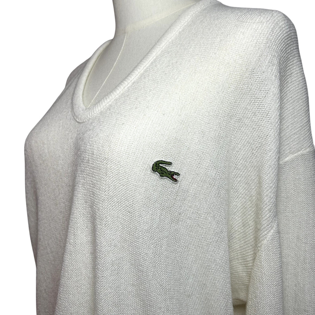 VTG 70s Izod Lacoste XL White V-Neck Pullover Sweater Preppy Retro Sportswear