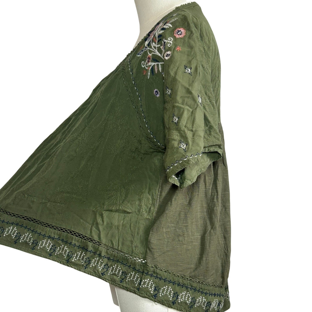 Knox Rose Blouse Small Green Rayon Embroidered Boho Peasant Indie Retro Cottage