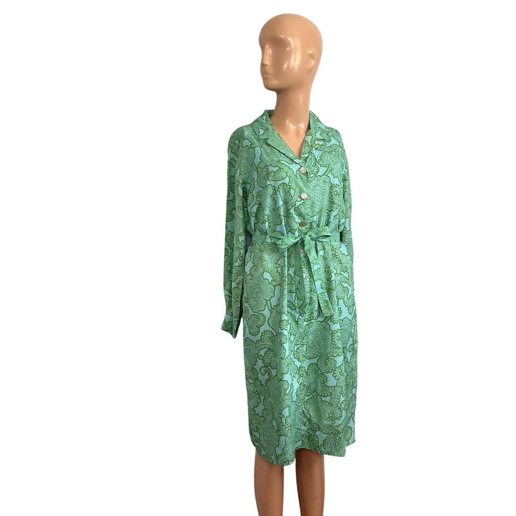 VTG 60s Kay Windsor Midi Dress Teal Paisley Retro Mod Secretary Union Made