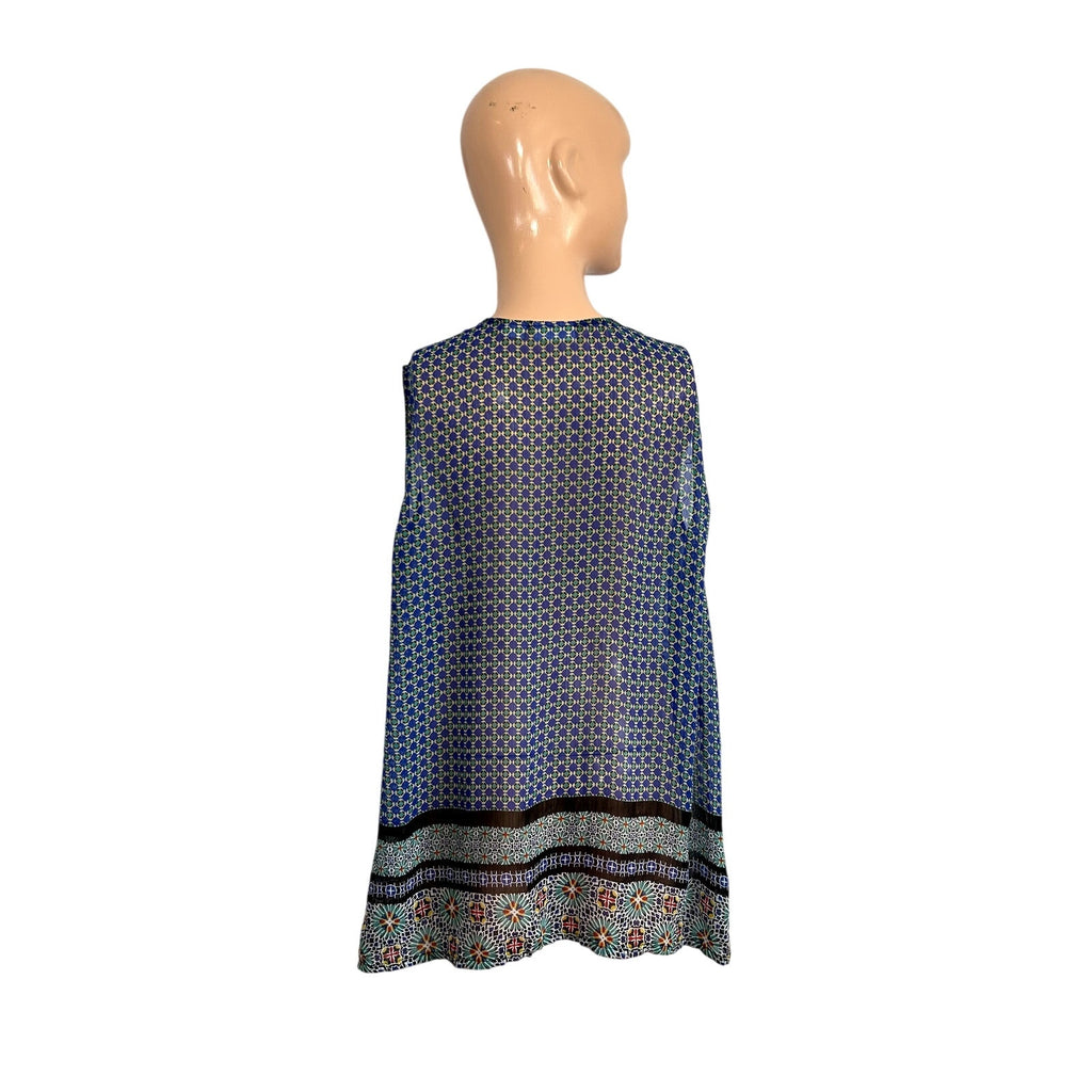 Liz Claiborne XL Blue Green Chiffon Sleeveless V-Neck Blouse Boho Top Maximalist