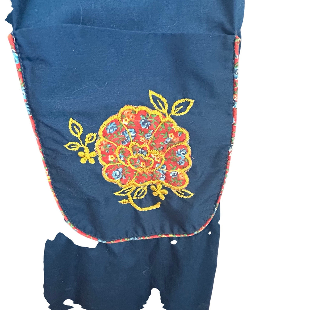 VTG 70s ILGWU Embroidered Floral Pocket Pinafore Dress Navy Blue Small Retro