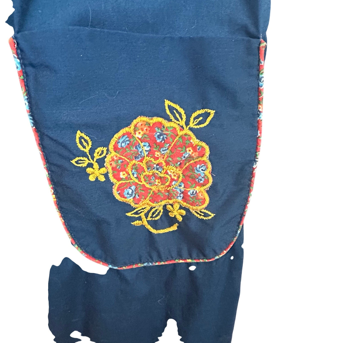 VTG 70s ILGWU Embroidered Floral Pocket Pinafore Dress Navy Blue Small Retro