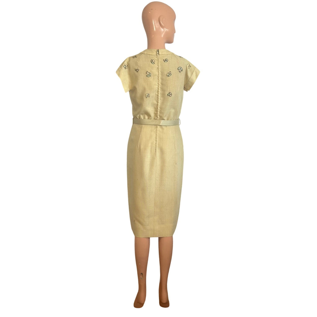 VTG 50s Hartnell Yellow Silk Applique Linen S Jacket Dress Set Feminine Wedding