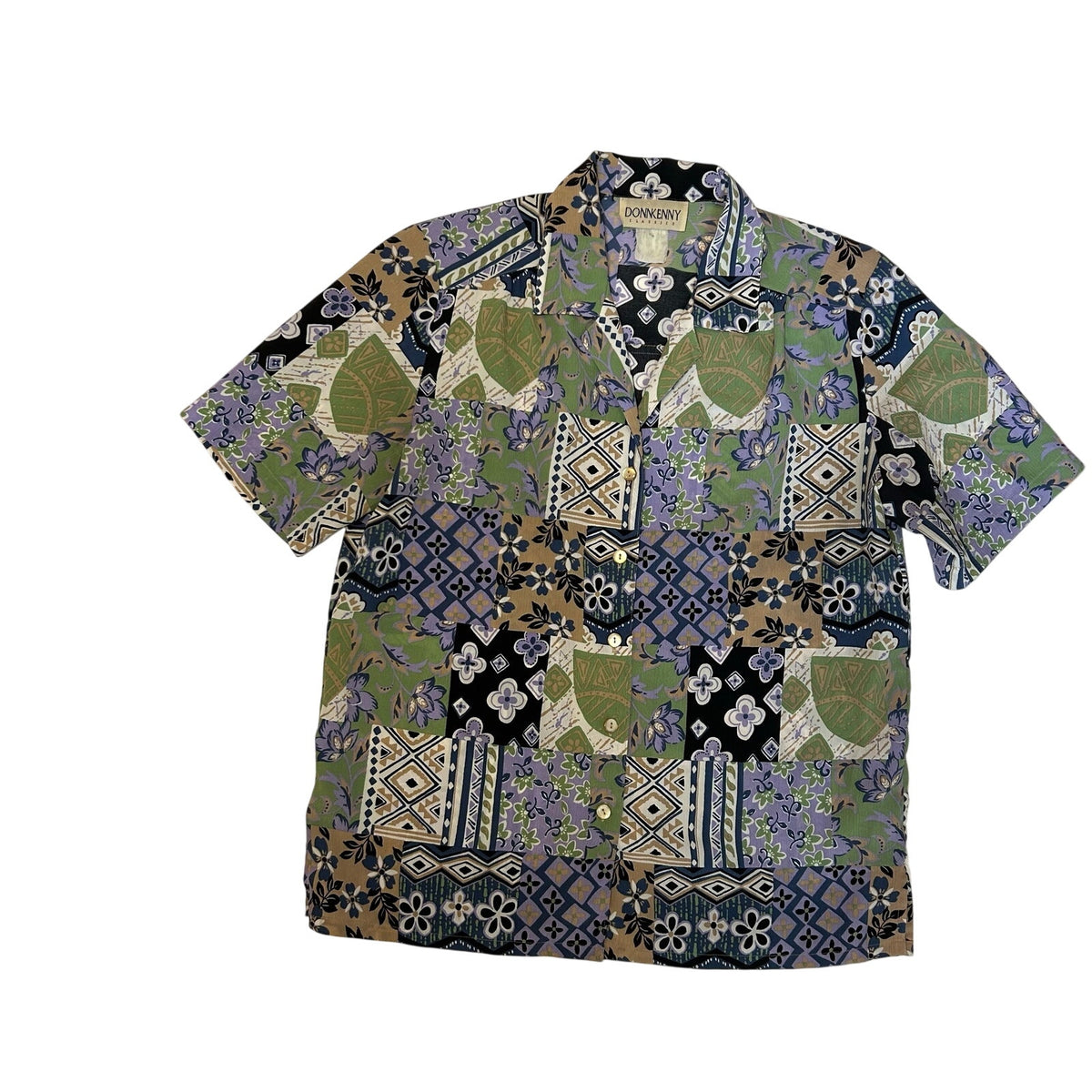 VTG 90s DonnKenny L Purple Green Patchwork Print Top Indie Maximalist Retro Boho
