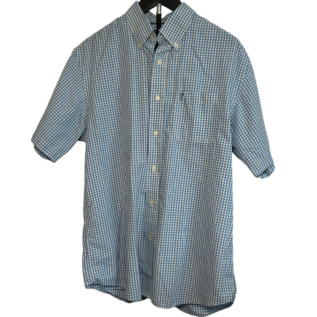 VTG Y2K Arrow Light Blue Gingham Plaid Short Sleeve Button Down Shirt Basics