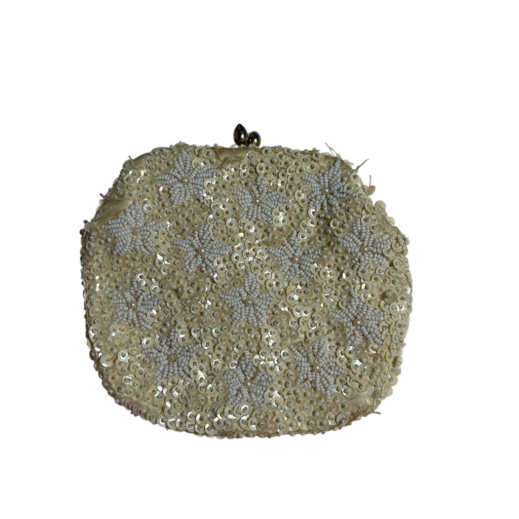 VTG 50s Cream Sequin White Floral Clutch Evening Bag Bridal Prom Retro Glam Twee