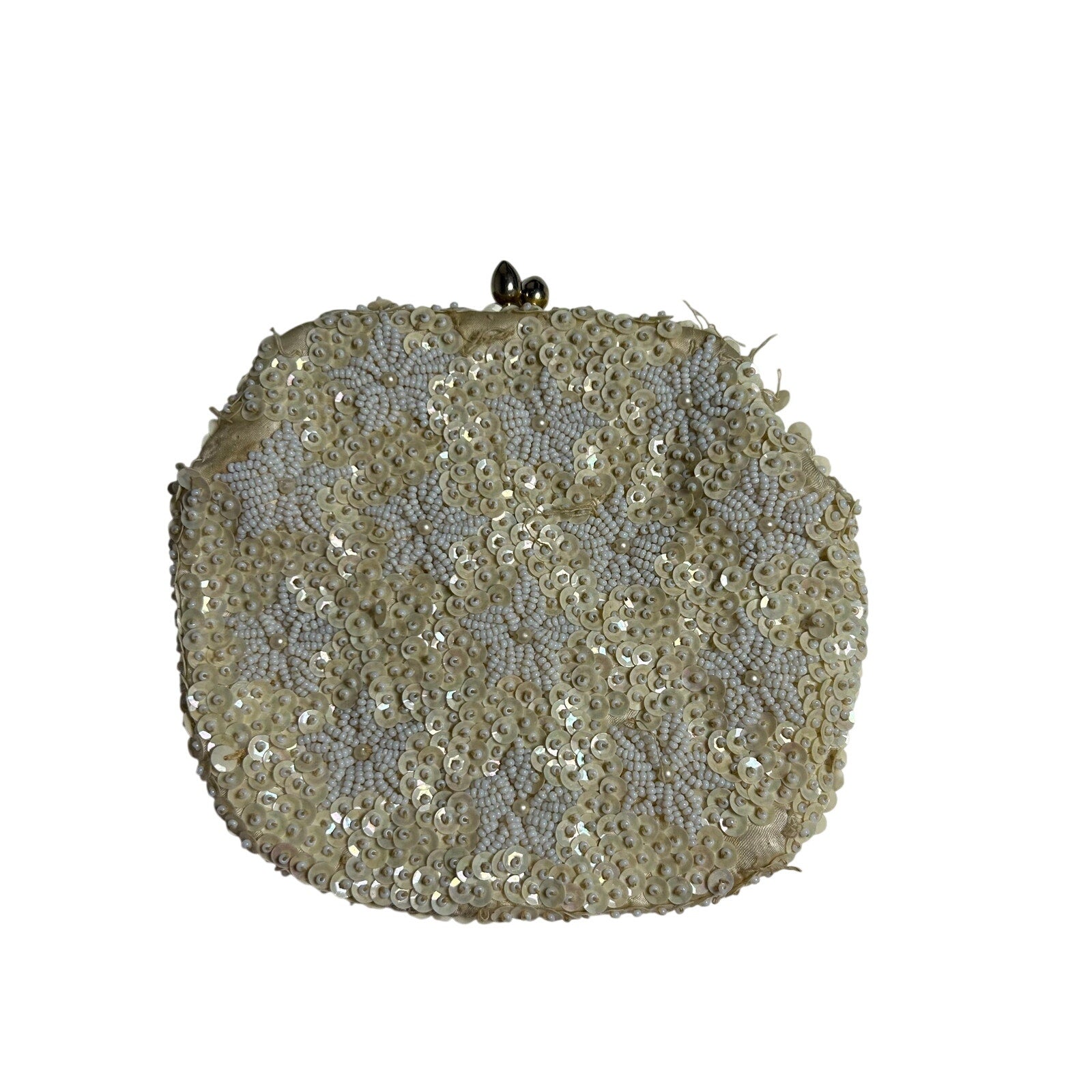 VTG 50s Cream Sequin White Floral Clutch Evening Bag Bridal Prom Retro Glam Twee