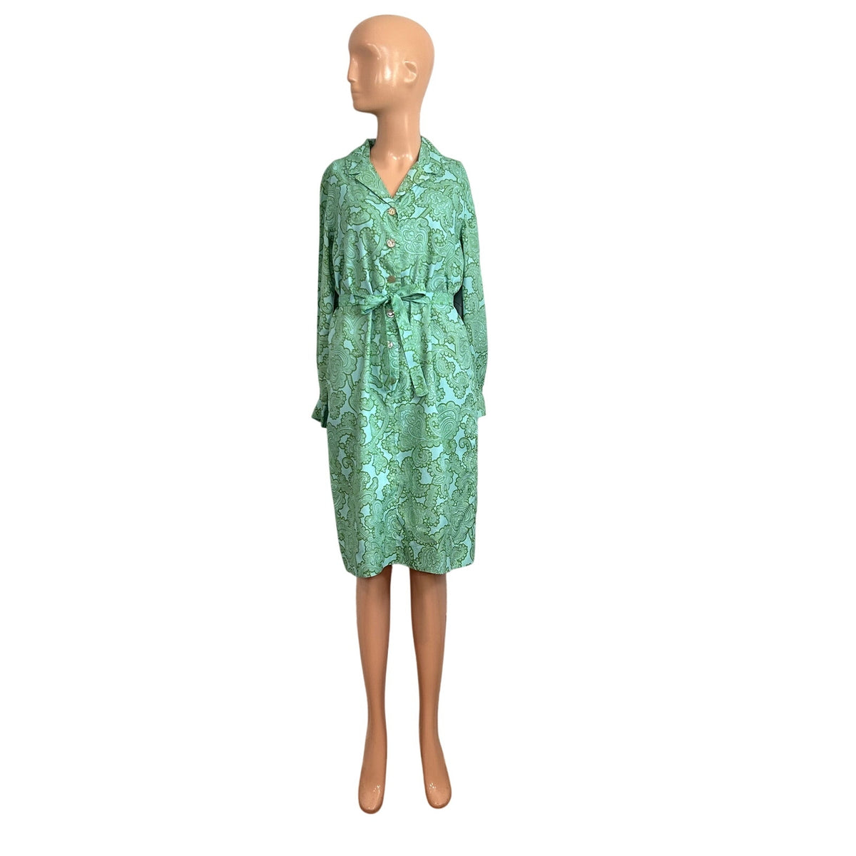 VTG 60s Kay Windsor Midi Dress Teal Paisley Retro Mod Secretary Union Made