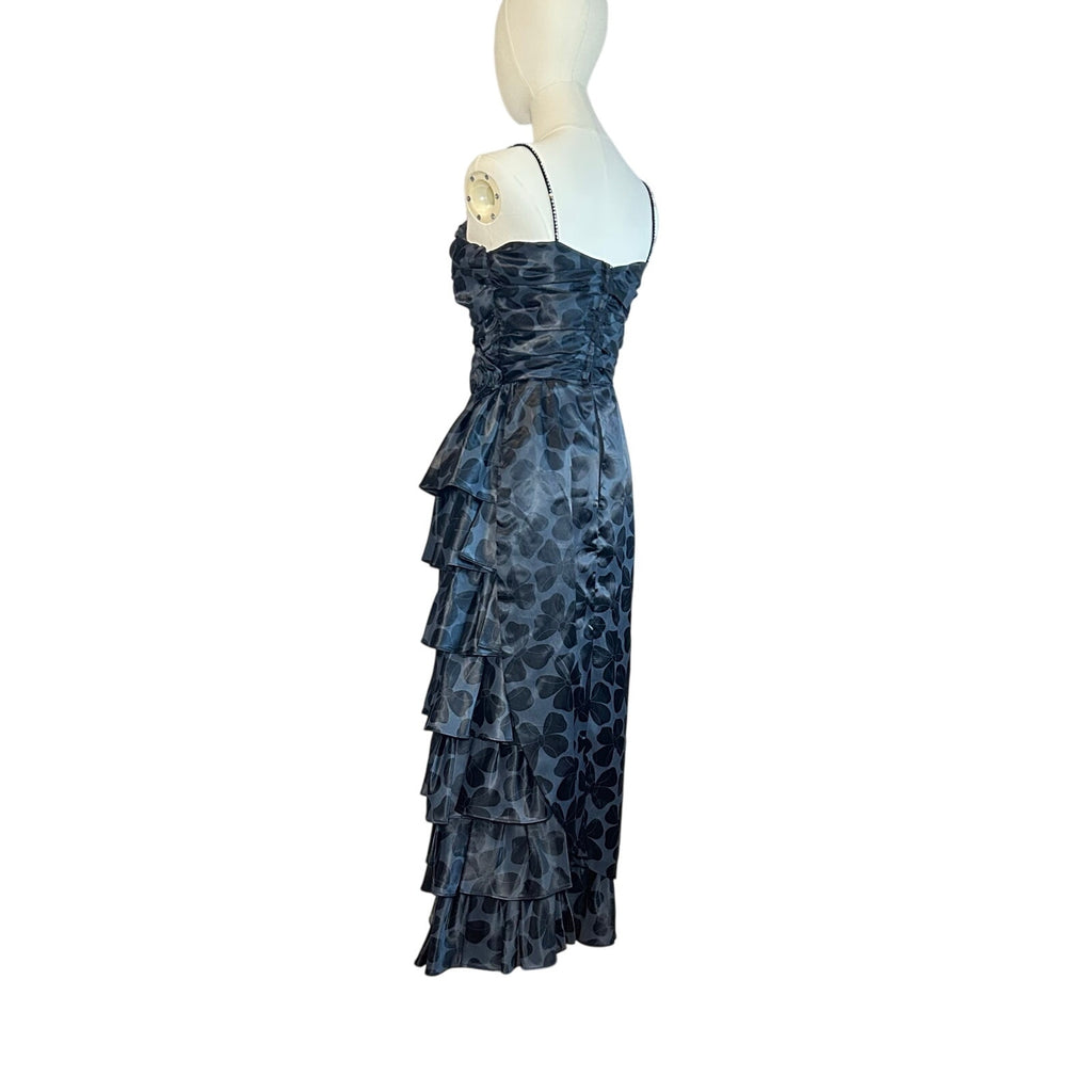 VTG 80s Black Floral Jacquard Prom Gown 2 Romantic Feminine Goth Glam Coquette