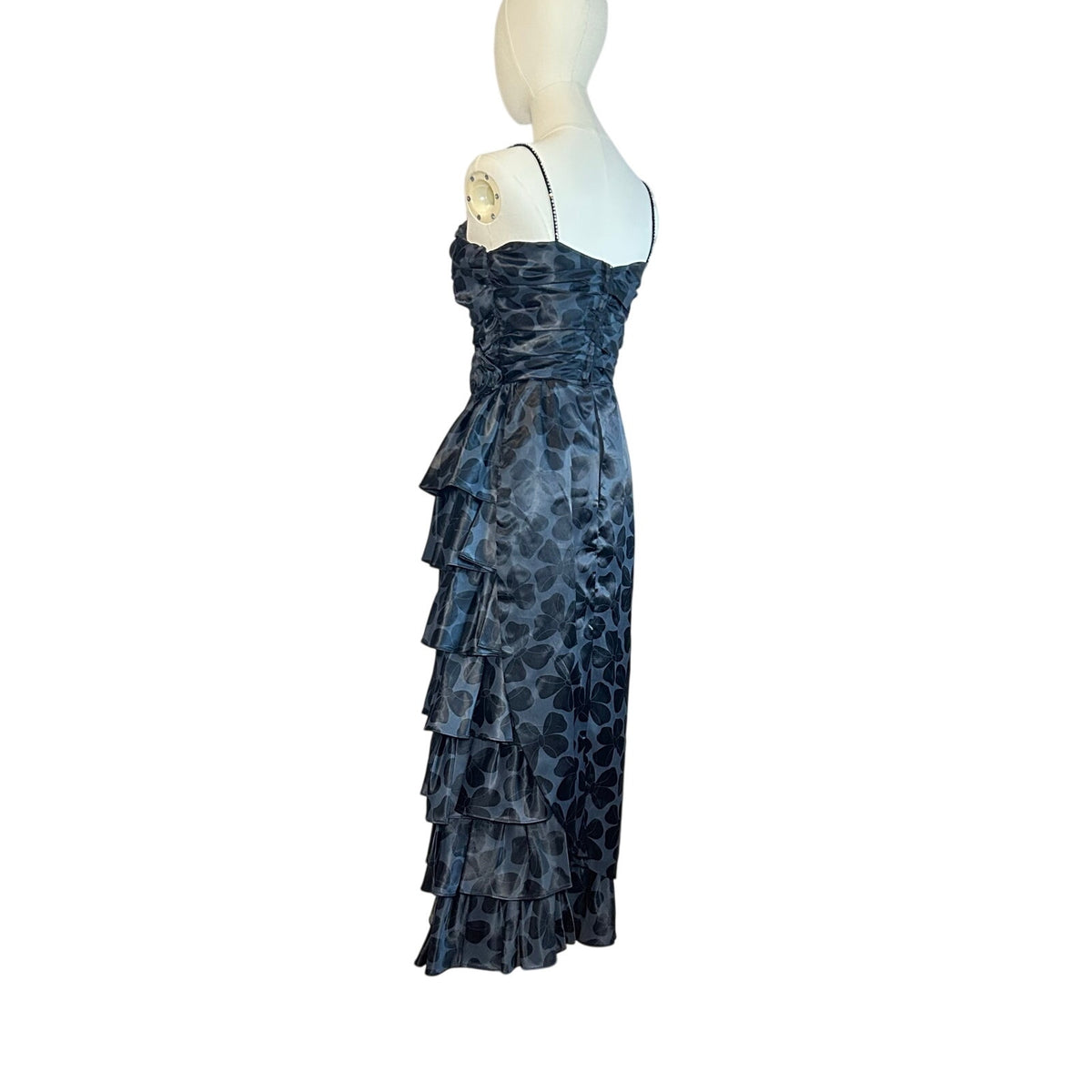 VTG 80s Black Floral Jacquard Prom Gown 2 Romantic Feminine Goth Glam Coquette