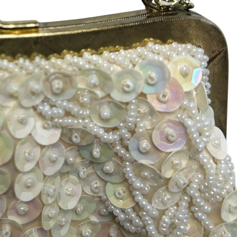 VTG 50's White Beaded Sequin Bridal Evening Bag Hong Kong Wedding Coquette Glam