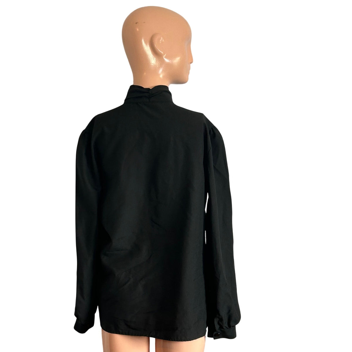VTG 80s Laura Mae Black Mock Neck L Button Down Pleated Top Dark Academia