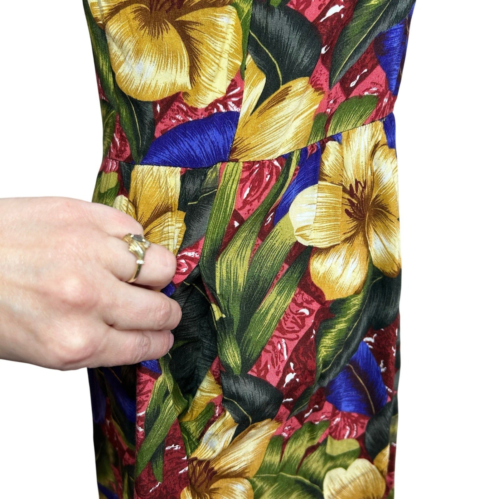 VTG 90s Positive Attitude Tropical Hibiscus Rayon Midi Dress Pockets Size 14