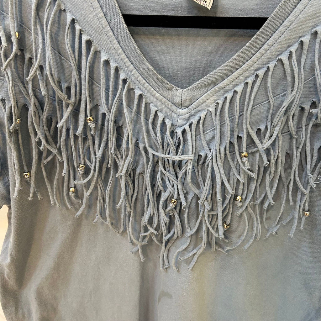 VTG Ever Blue Blue Fringe Beaded One Size Whimsygoth Western Boho V-Neck Tee