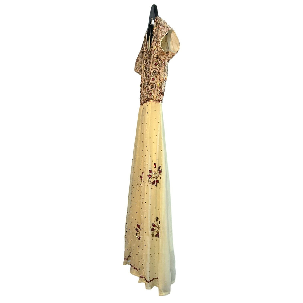 VTG 70s Anmol Indian Metallic Gold Thread Chiffon Dress Boho Whimsigoth XXS