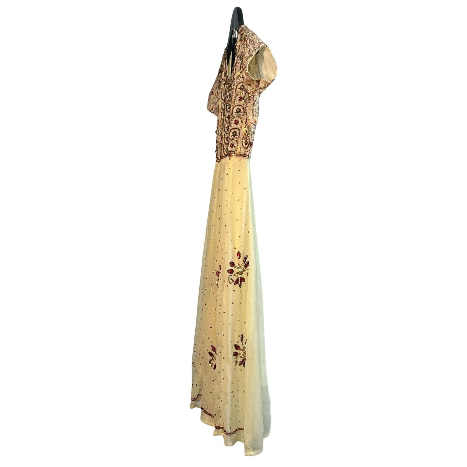 VTG 70s Anmol Indian Metallic Gold Thread Chiffon Dress Boho Whimsigoth XXS