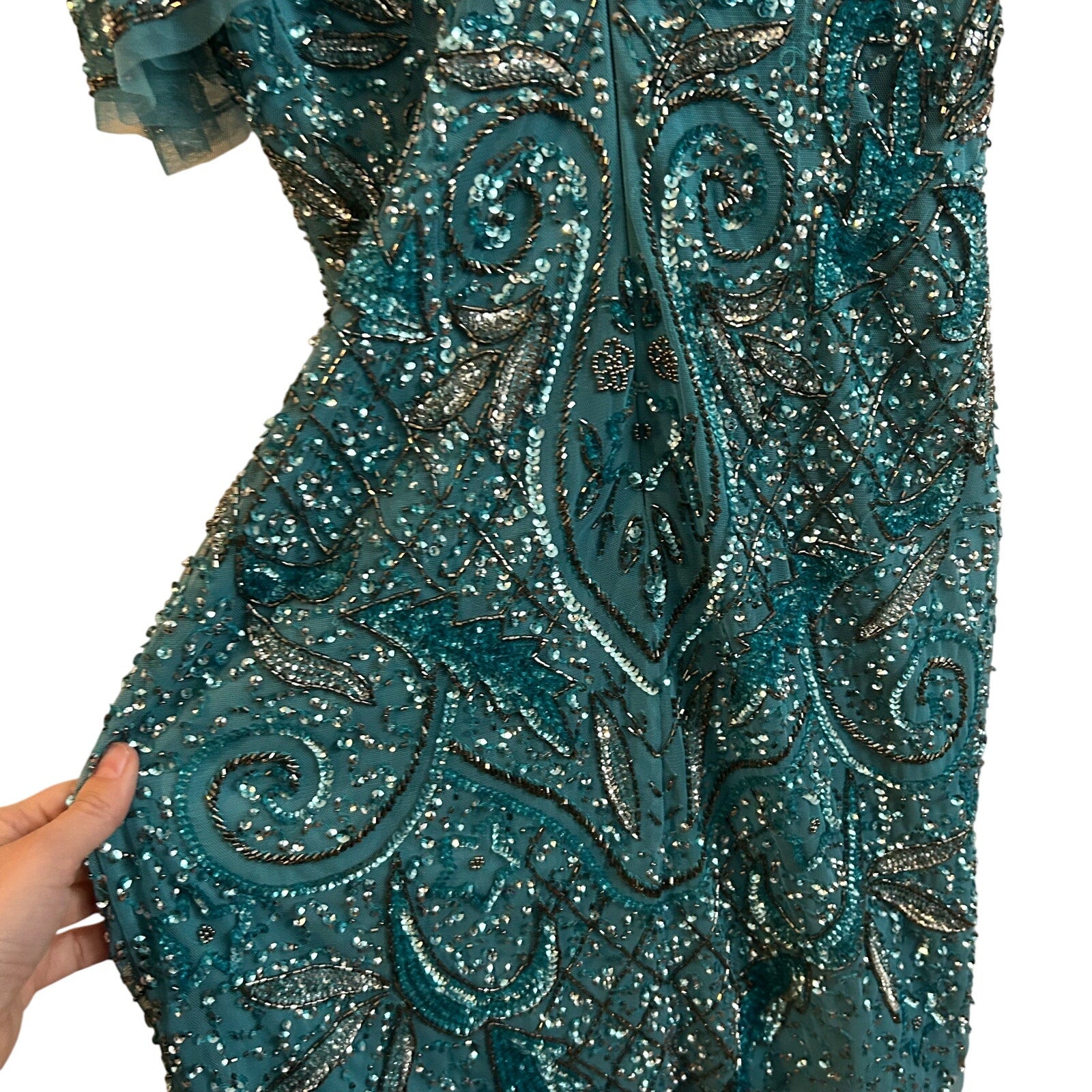 VTG Aidan Mattox Teal Silver Beaded Sequin Cold Shoulder Mini Cocktail Dress 2