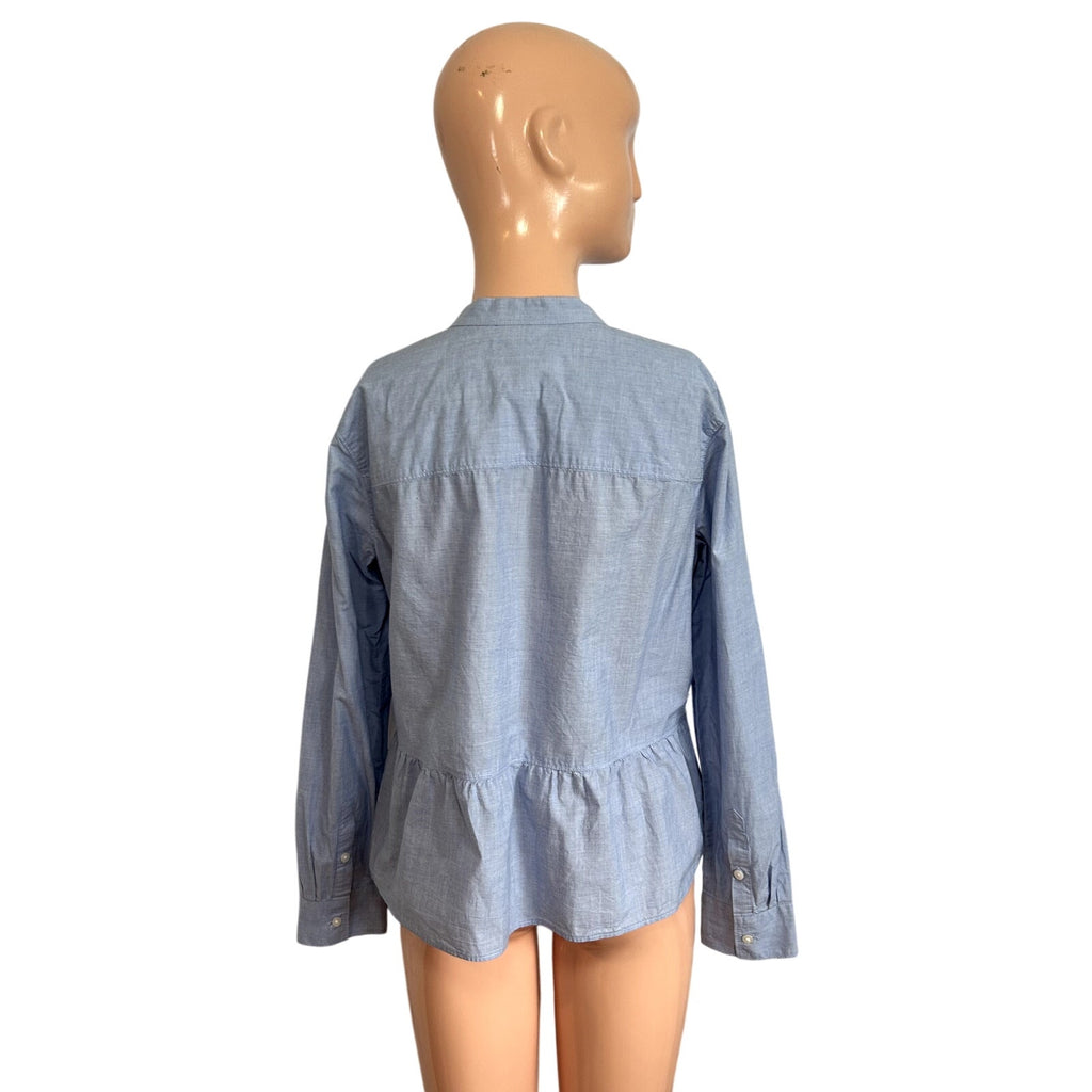 Madewell M Blue Top Mandarin Peplum Hem Minimalist Casual Monochrome Chambray