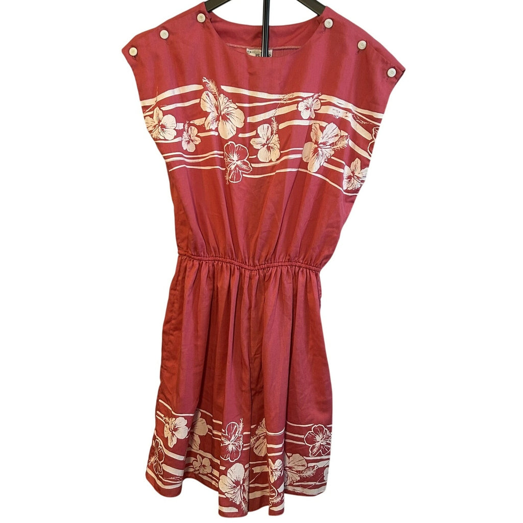 VTG Hans Jutte Hawaii Romper Rust Orange Hibiscus Print Button Shoulder 70s 80s