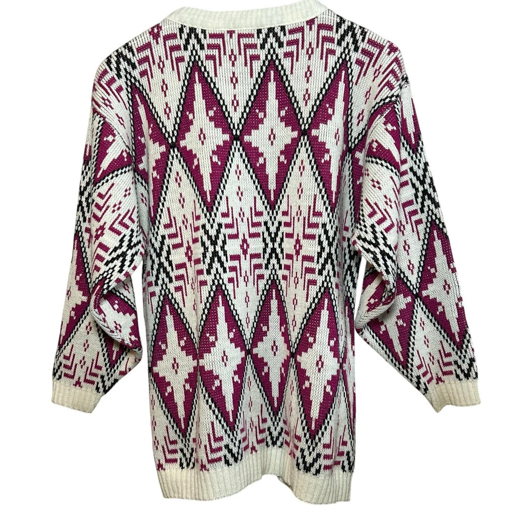 VTG 80s Justin Allen Geometric Diamond Sweater Made in USA Magenta White L