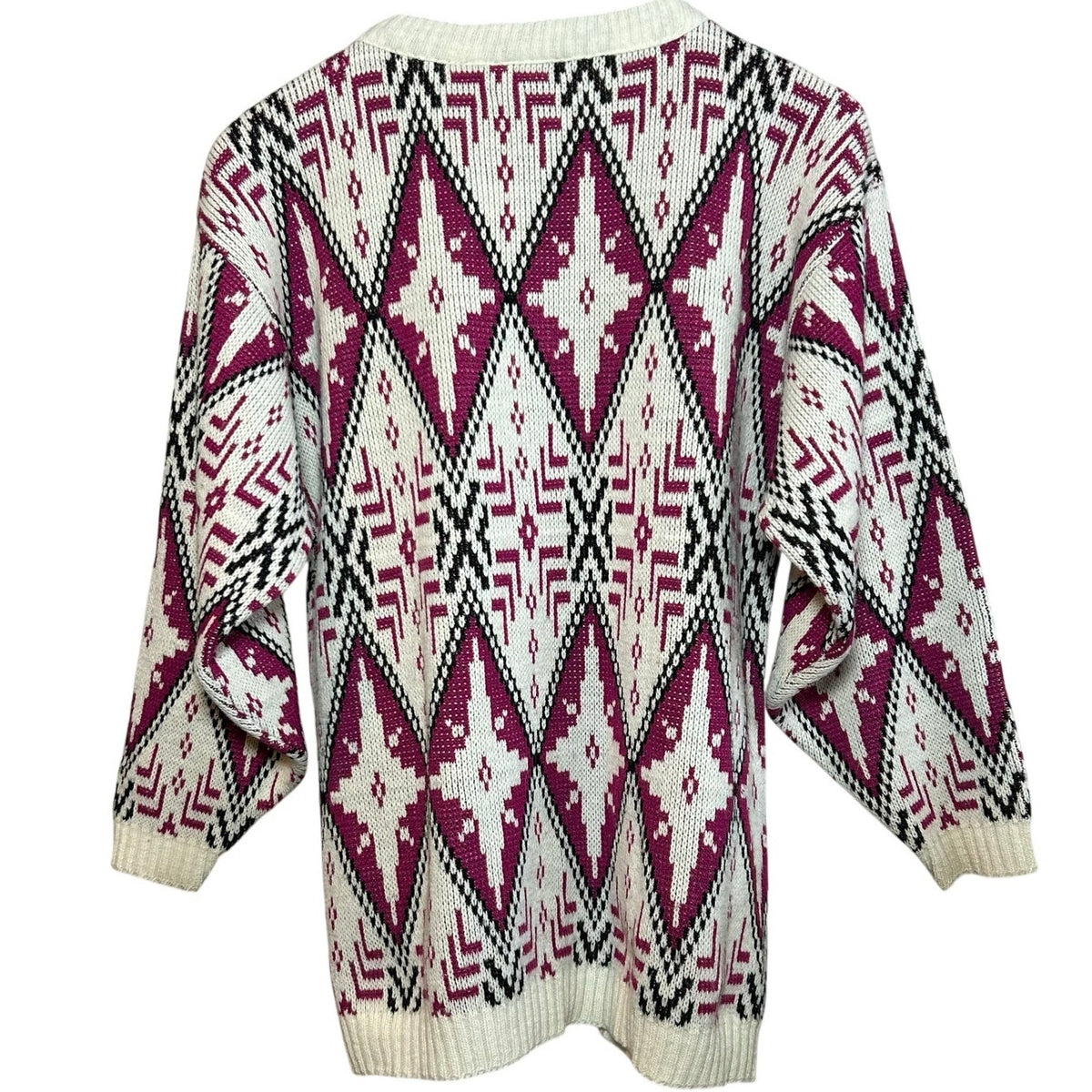 VTG 80s Justin Allen Geometric Diamond Sweater Made in USA Magenta White L