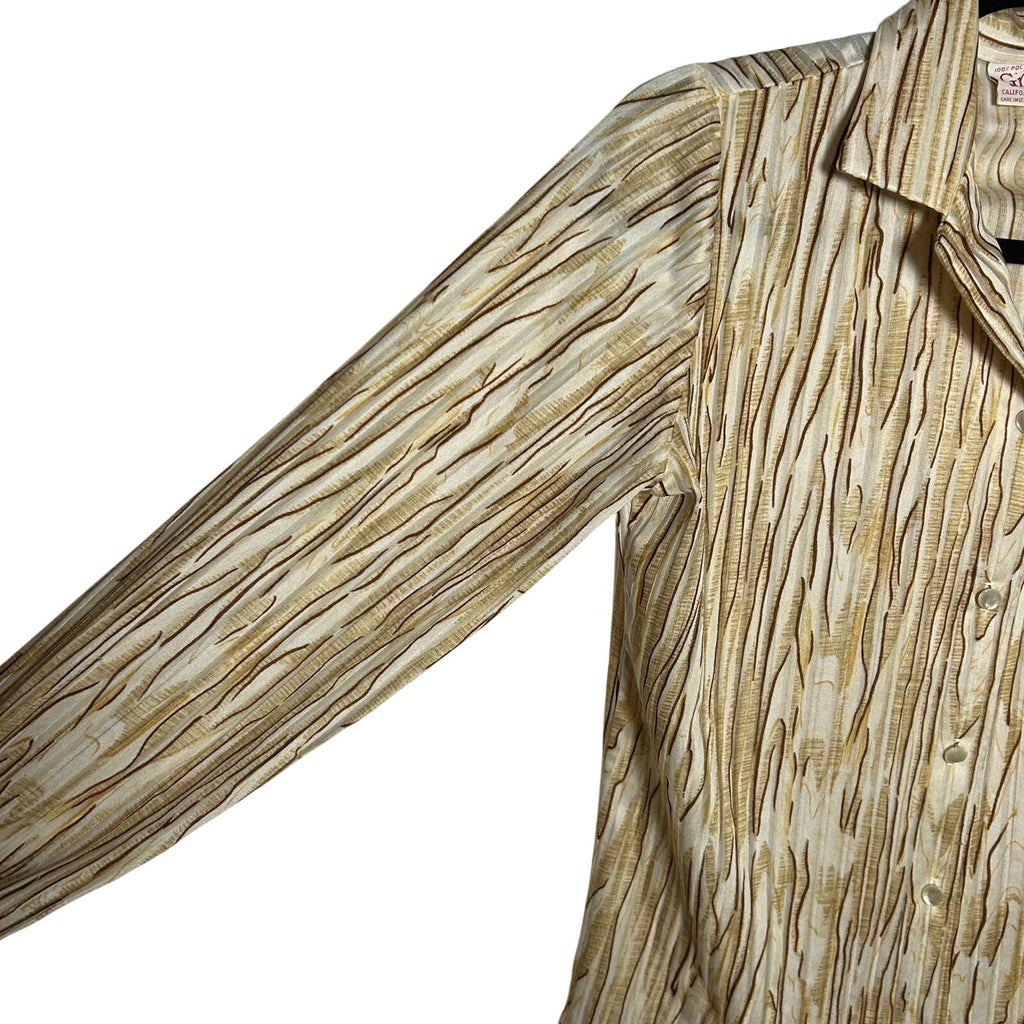 VTG 70s Graff Californiawear Faux Bois Wood Grain Blouse Dagger Collar S/M Disco
