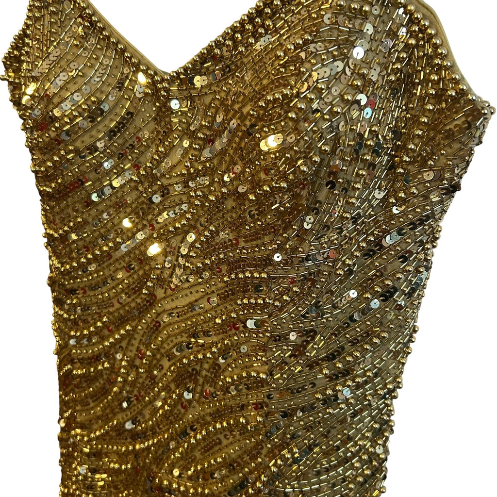 VTG Nite Line AJ Bari Gold Beaded Silk Dress Sweetheart Evening Gown 4 Trophy