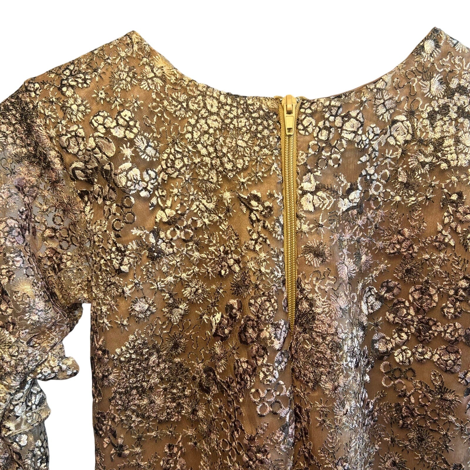VTG 60s Metallic Floral Lace Dress Bell Sleeve Girls 12 14 or Women XXS Gold