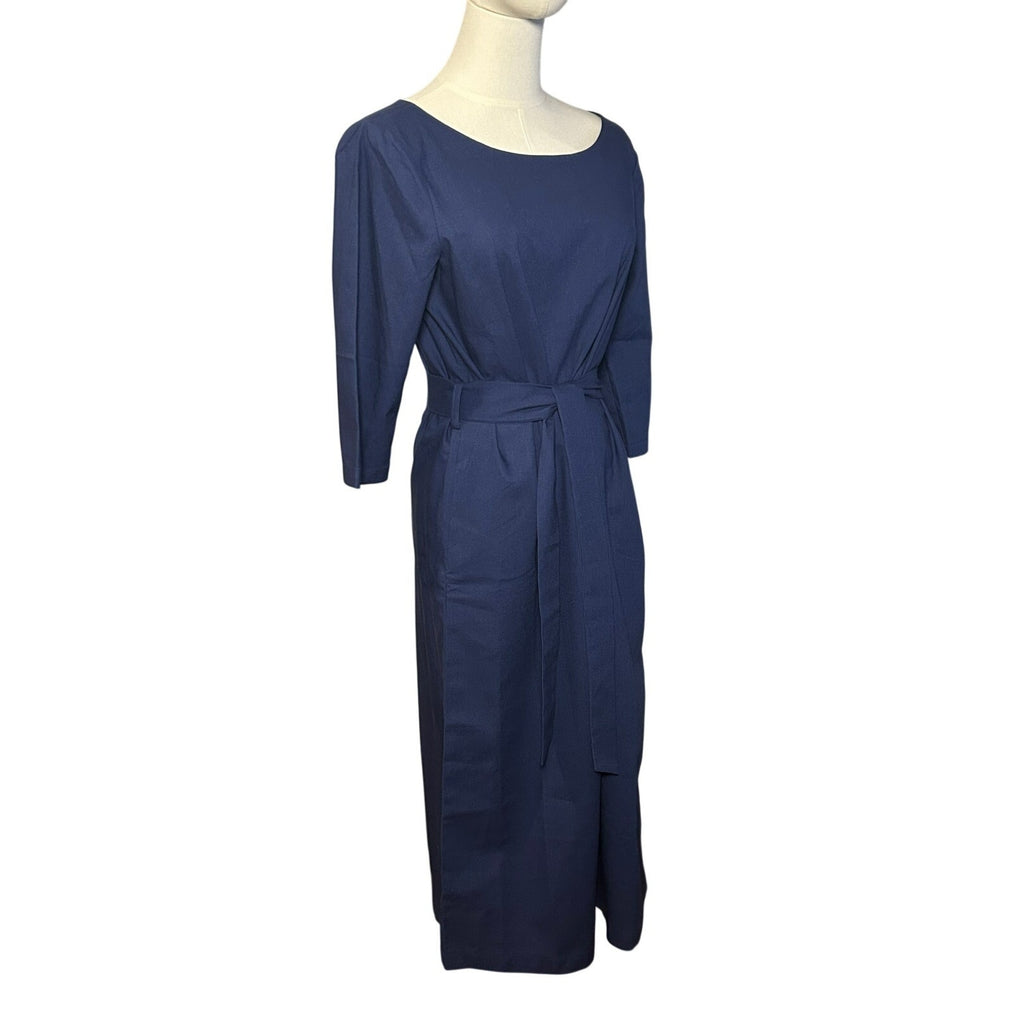 Hannah Canvas Signature Linen Belted Midi Dress Navy Blue Made in Canada Size M