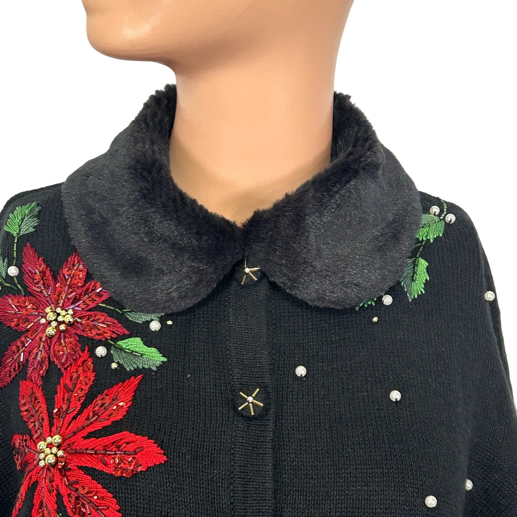 VTG 90s B.P. Design M Black Poinsettia Beaded Christmas Cardigan Faux Fur Collar