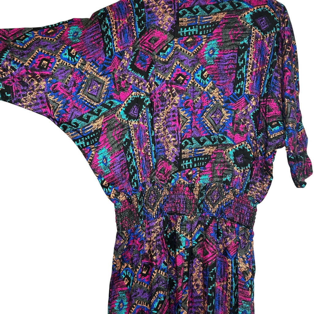 VTG En Focus Geometric Jumpsuit Purple L Rayon Southwestern Boho 90s USA Made