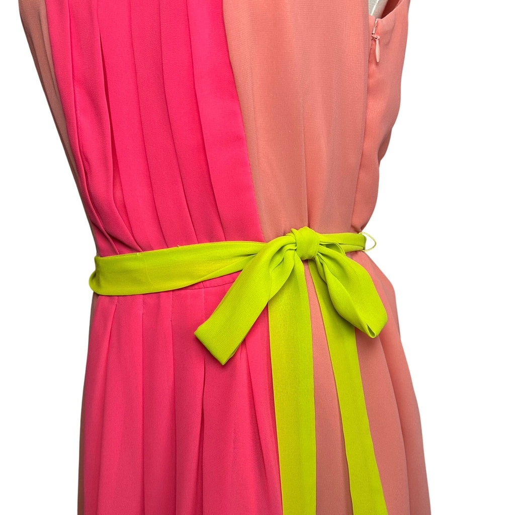 LOFT Colorblock Pleated Midi Dress Pink Coral Neon Green Belt 6 Preppy Retro