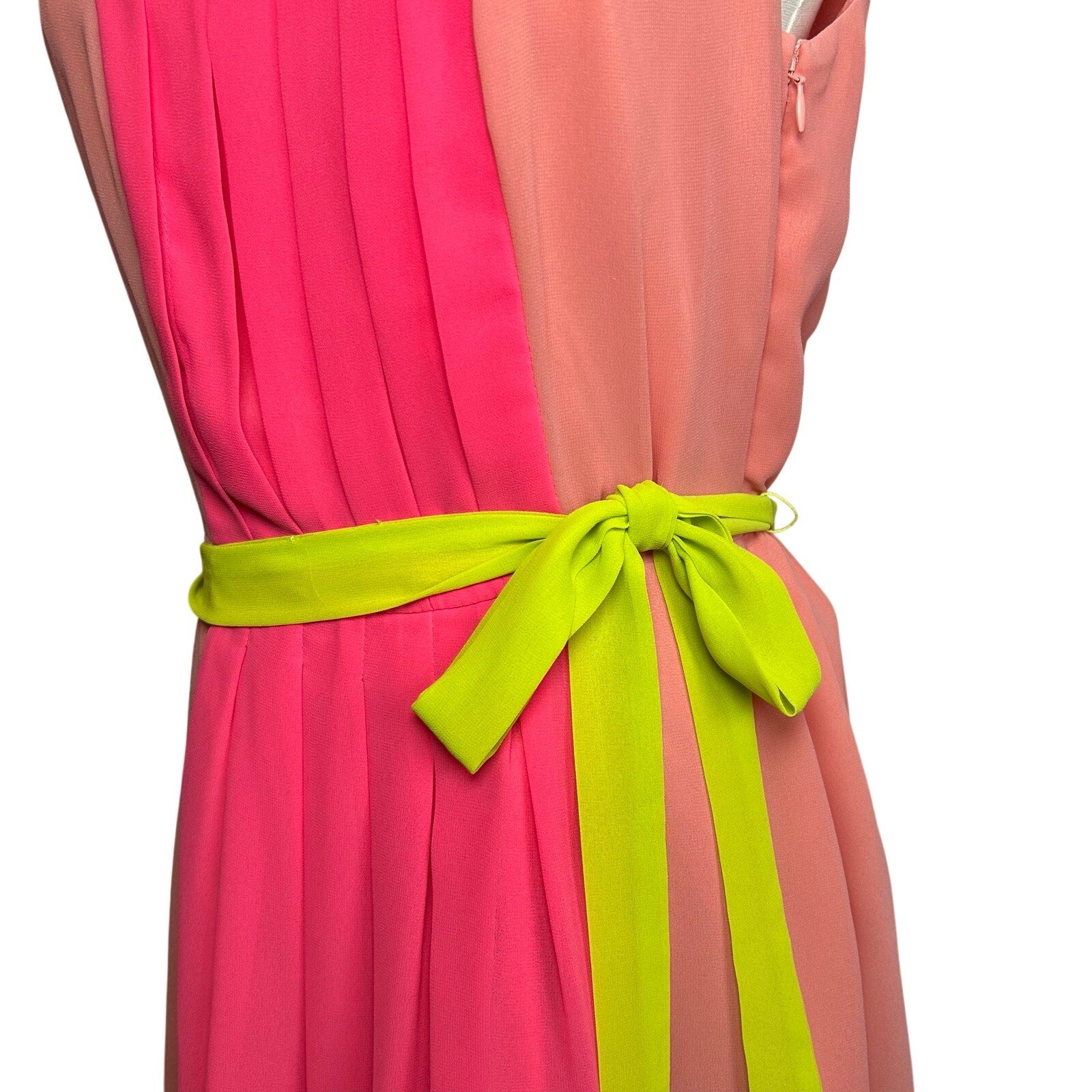 LOFT Colorblock Pleated Midi Dress Pink Coral Neon Green Belt 6 Preppy Retro