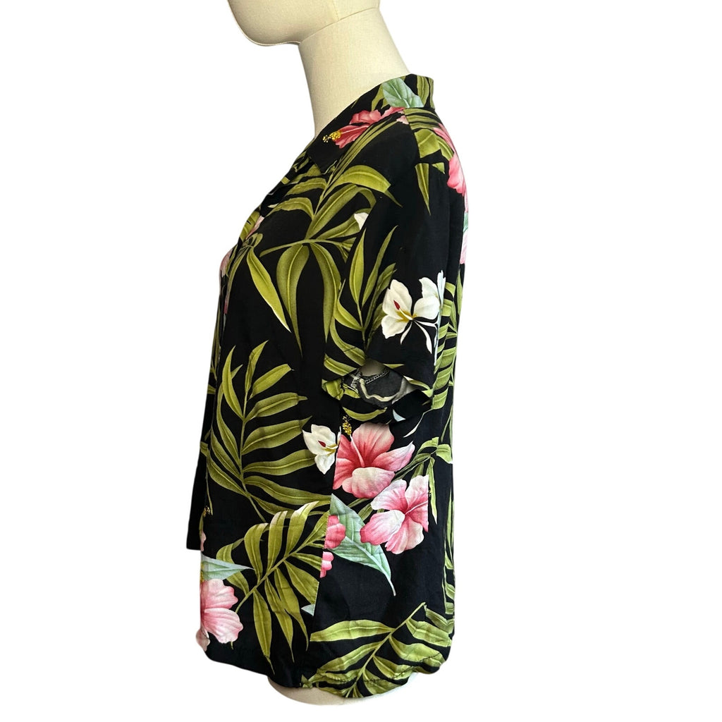VTG 90s Puanani Hawaiian Shirt Black Floral Medium Tropical Boho Casual Indie
