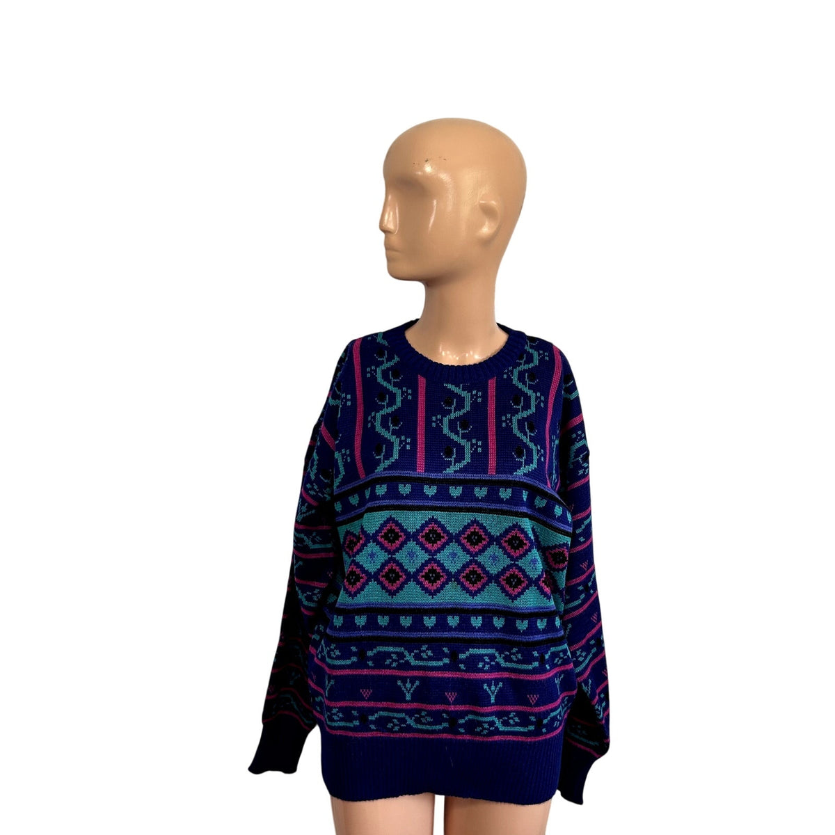 VTG 80s Meister M Purple Teal Maximalist Patterned Wool Knit Retro Cozy Sweater