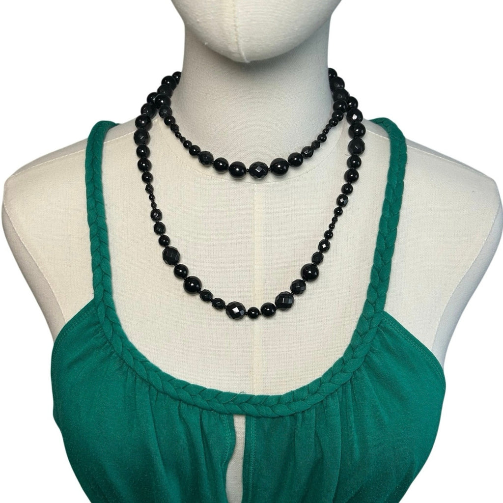 VTG Y2K Double Strand Black Bead Adjustable Choker Goth Office Siren Luxe Gatsby