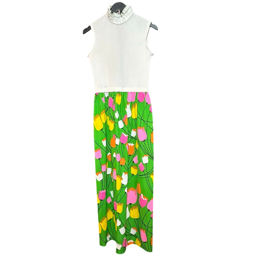 VTG 70s Alison Ayres Maxi Dress Green Floral Retro Tulip Print S Whimsigoth Boho