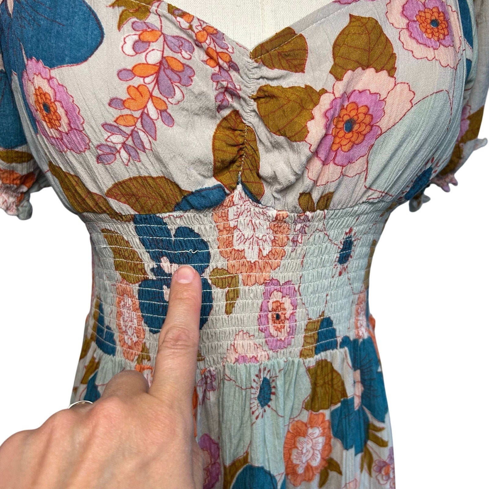 Angie Floral Smocked Boho Mini Dress Medium Cottage Indie Retro Rayon Festival