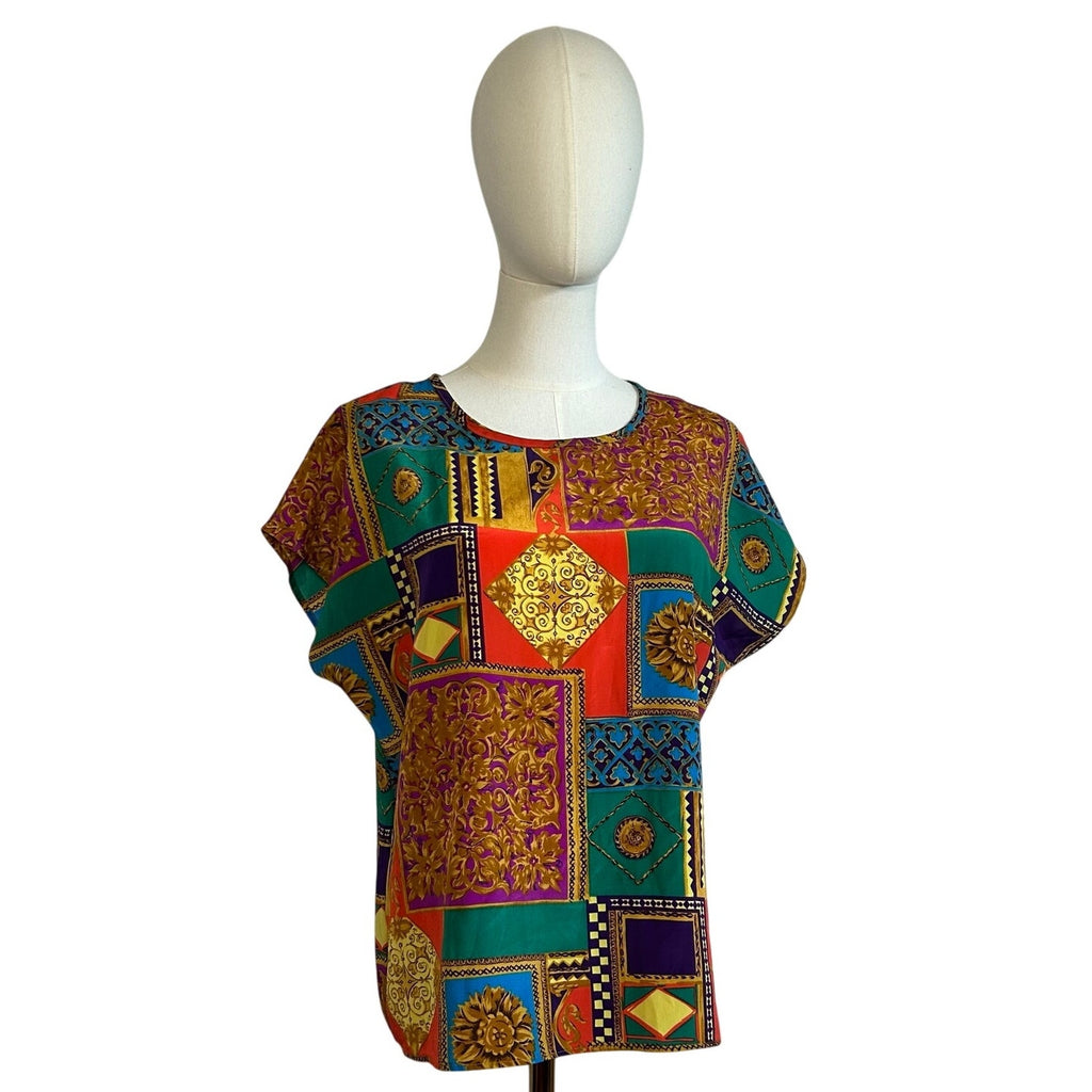 VTG 80s Multicolor Geometric L Short Sleeve Top Office Siren Maximalist Retro