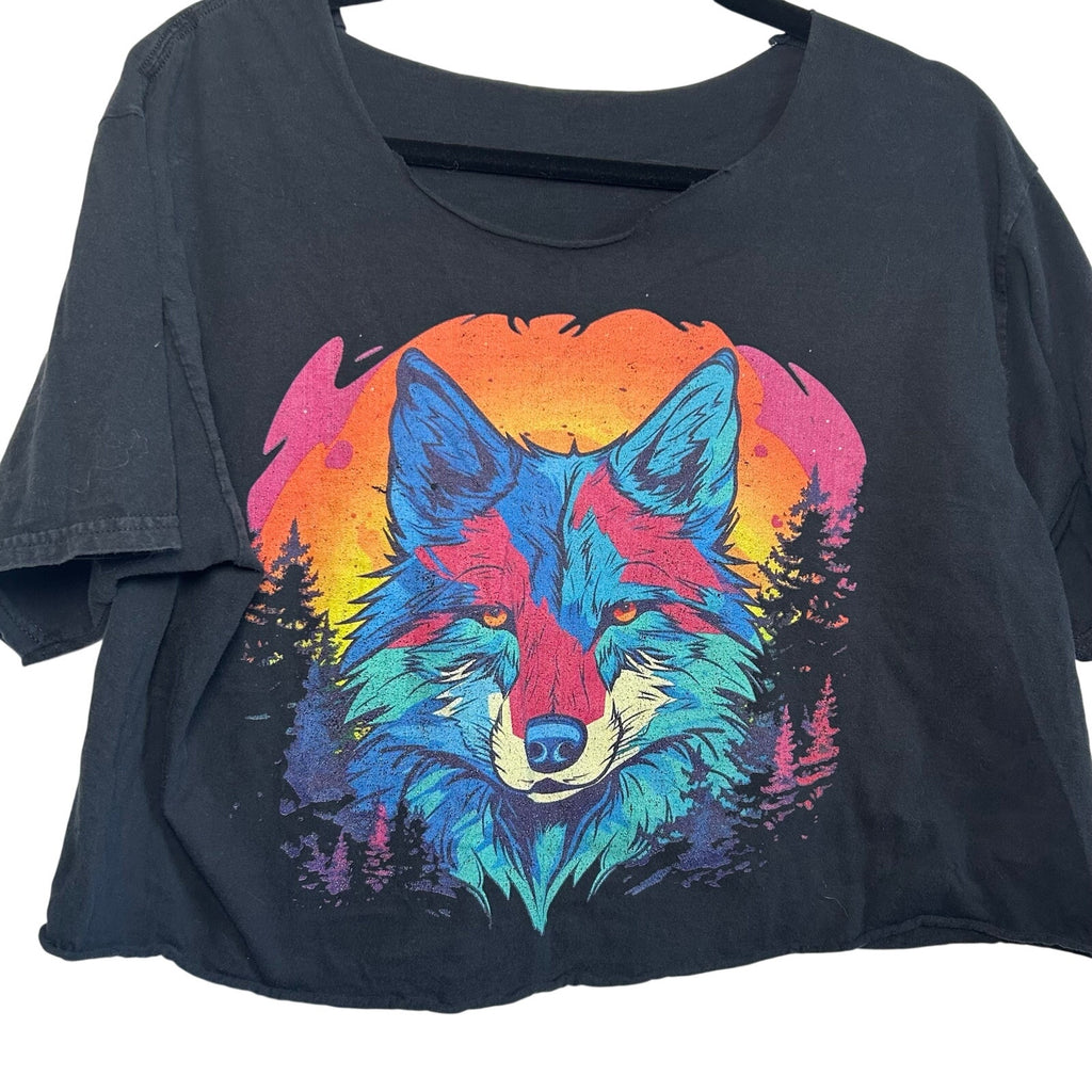 Black Colorful Wolf Graphic Raw Hem M Cropped Top T-Shirt Grunge Streetwear Y2K