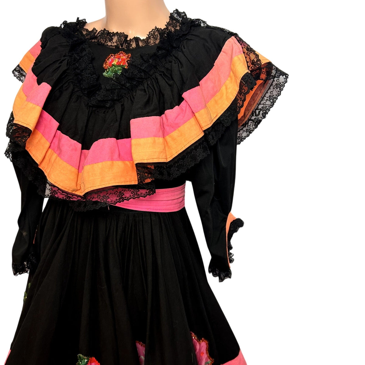 VTG 70s Vintage XS Black Pink Mexican Folkloric Flounce Sequin Dress Retro