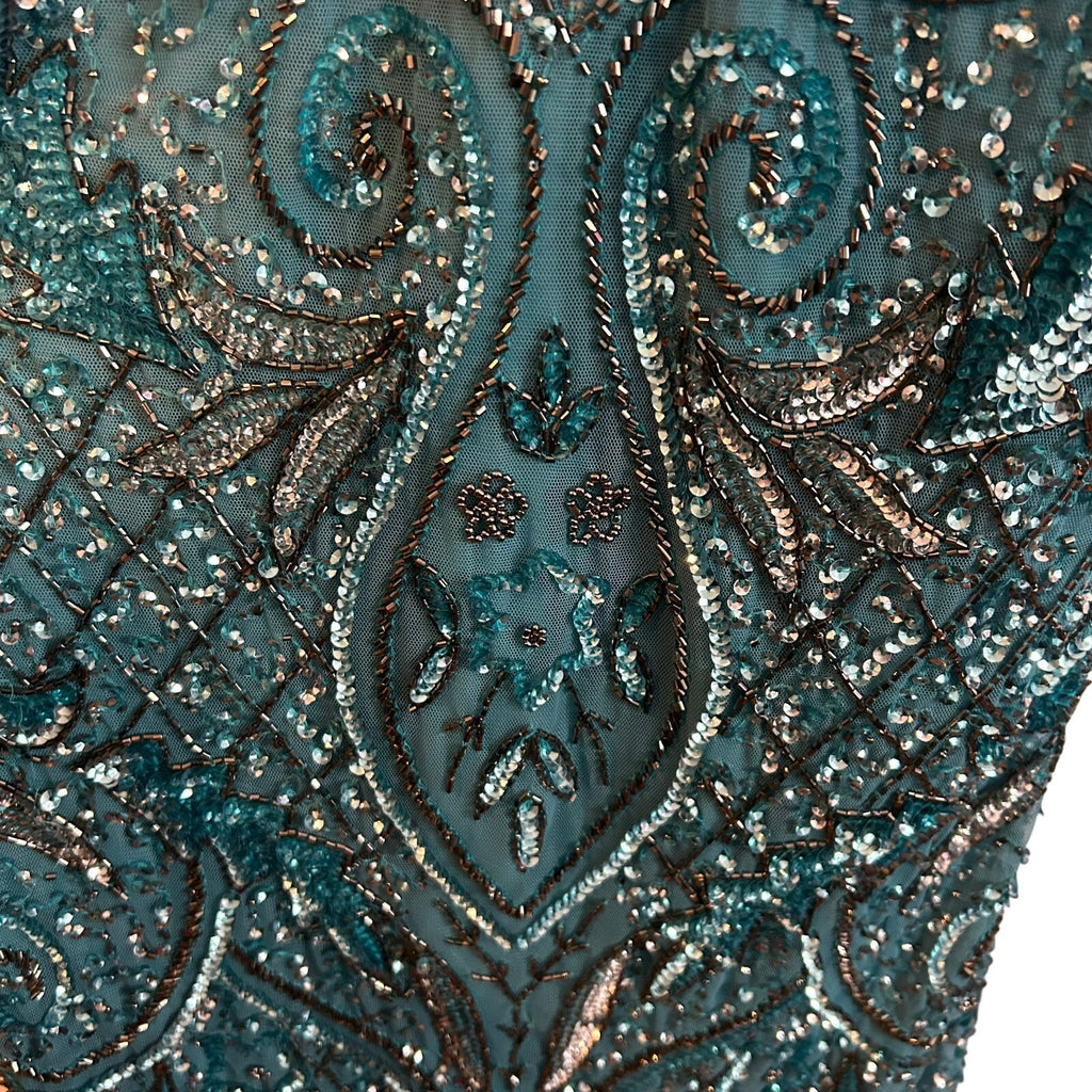 VTG Aidan Mattox Teal Silver Beaded Sequin Cold Shoulder Mini Cocktail Dress 2